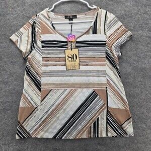 80 Park Shirt Womens Large Short Sleeve Brown Gray Striped